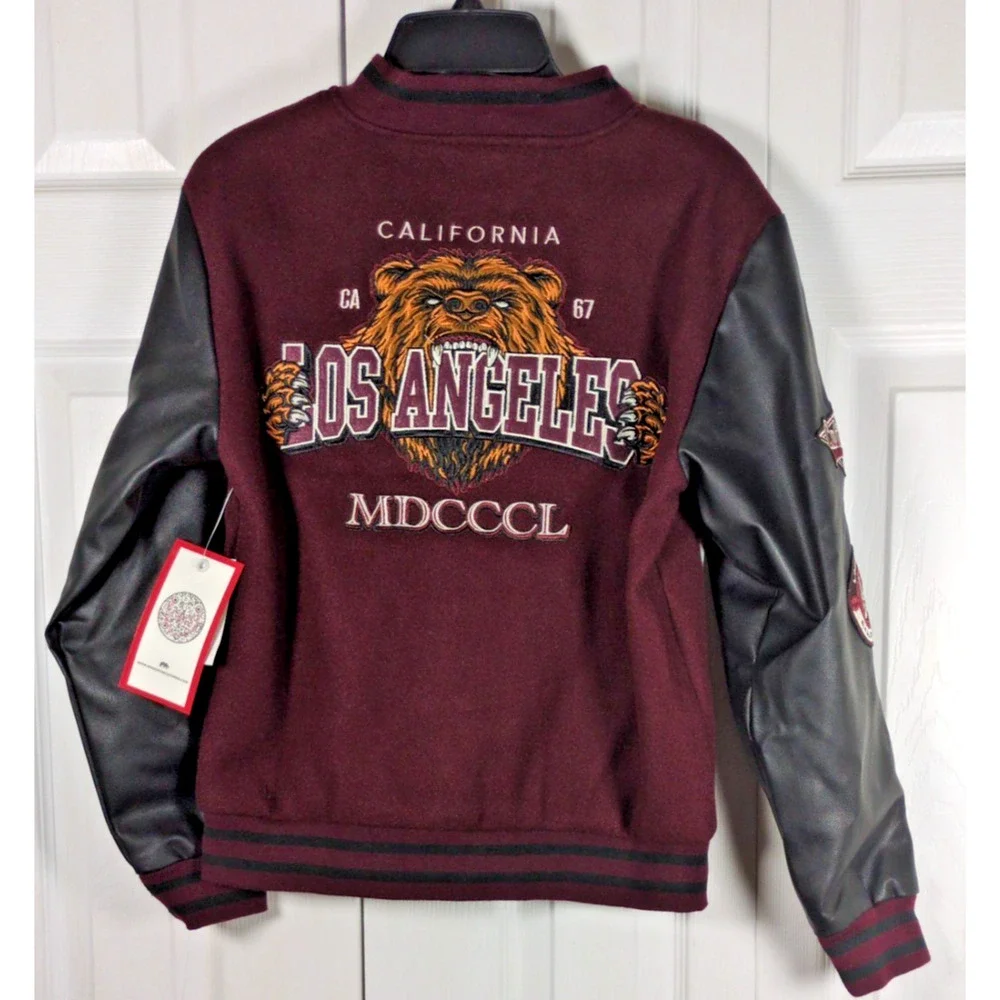 Ring of Fire Boys Varsity Jacket Med Burgundy Black Faux Leather Sleeve CA Bear